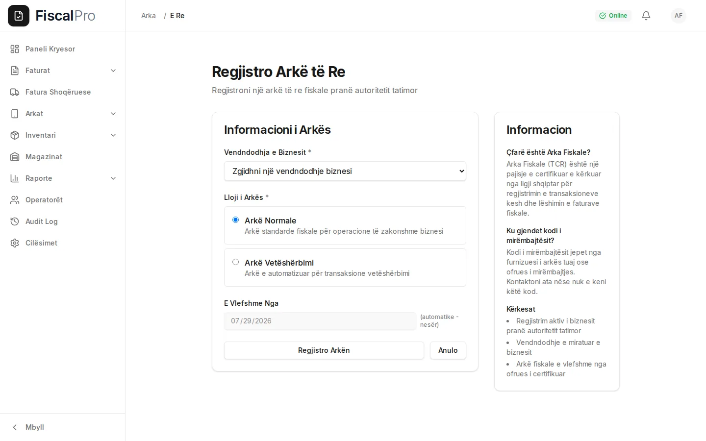 Formulari i regjistrimit të arkës