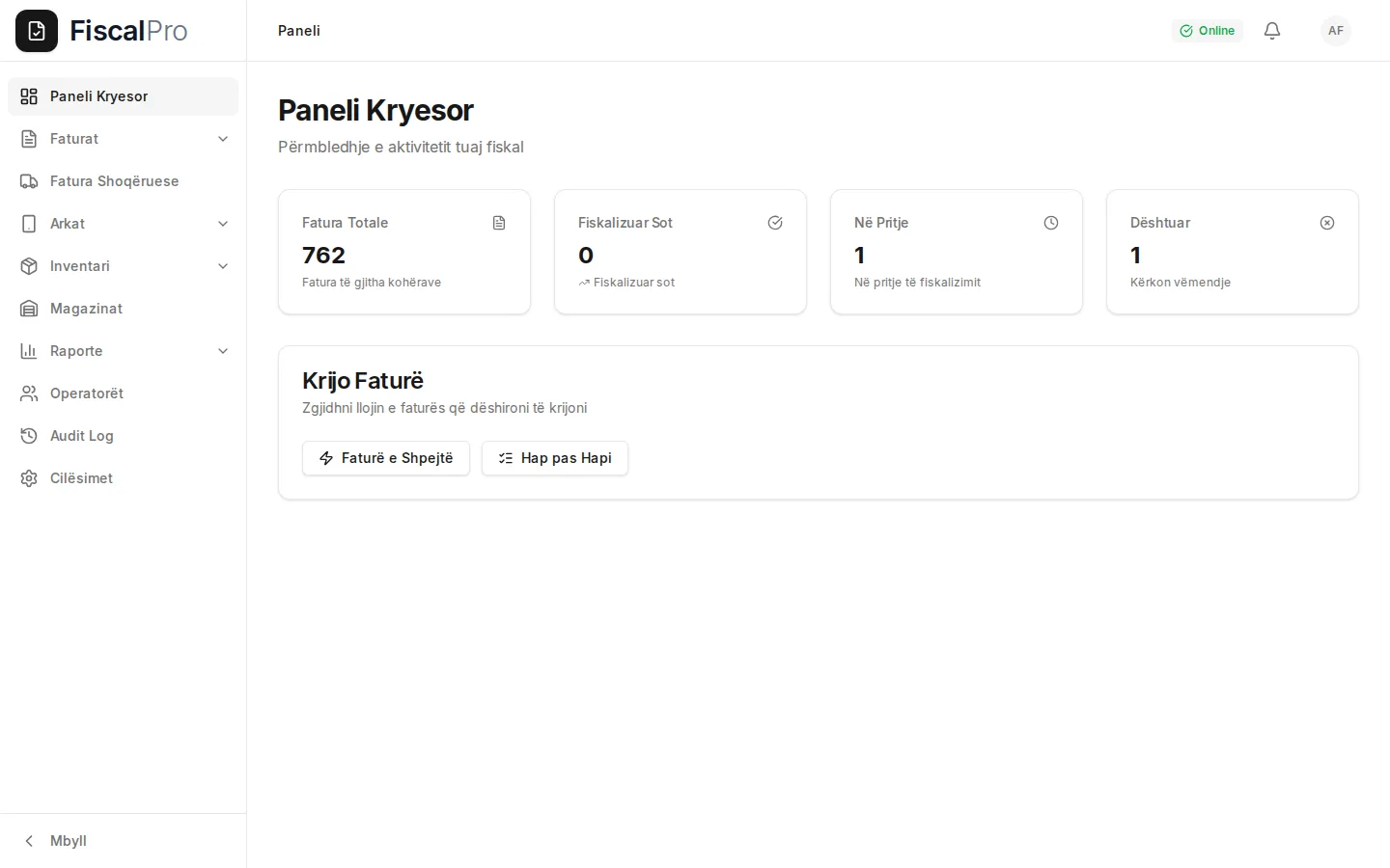 Paneli kryesor i aplikacionit web