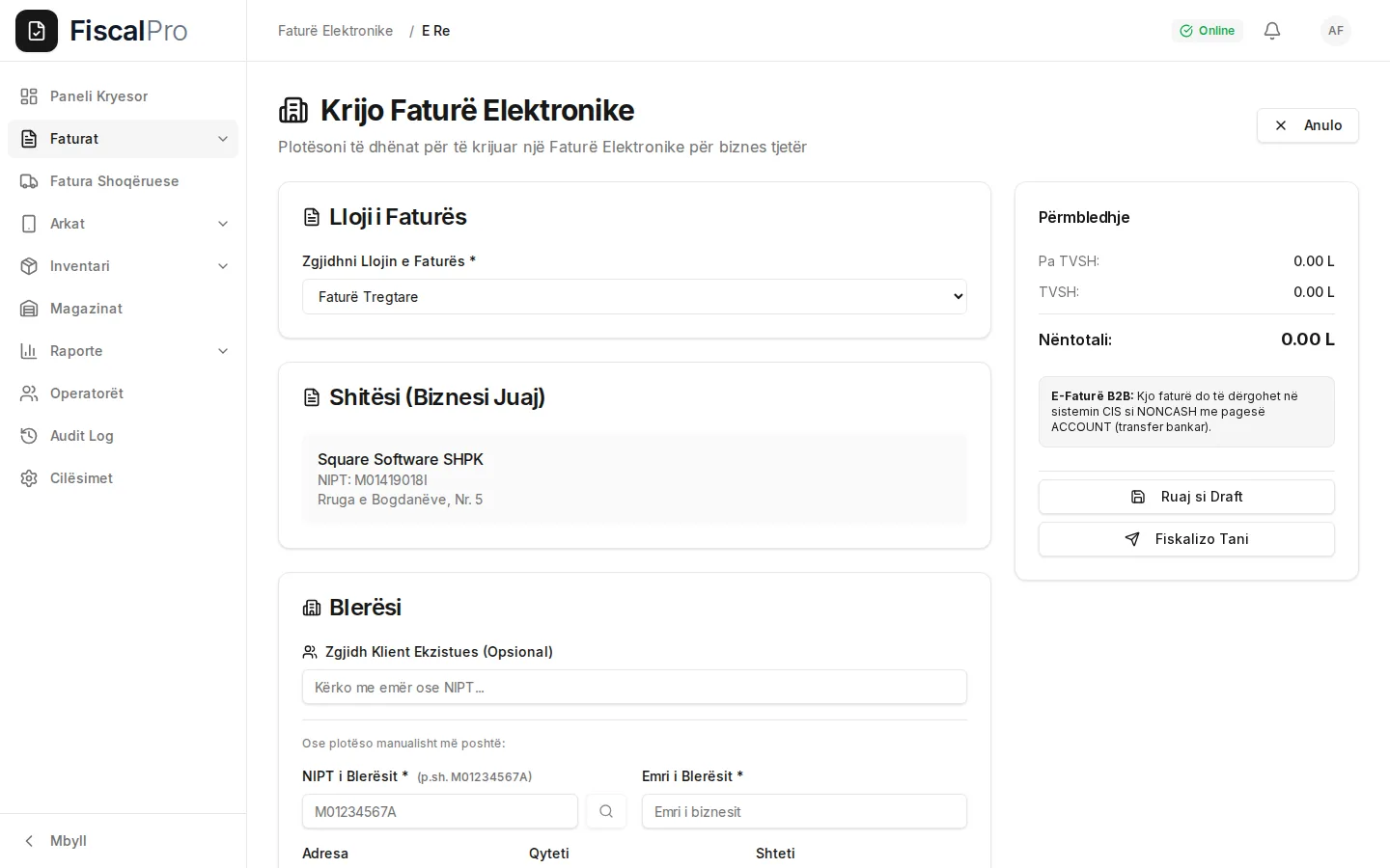 Formulari i krijimit të faturës elektronike